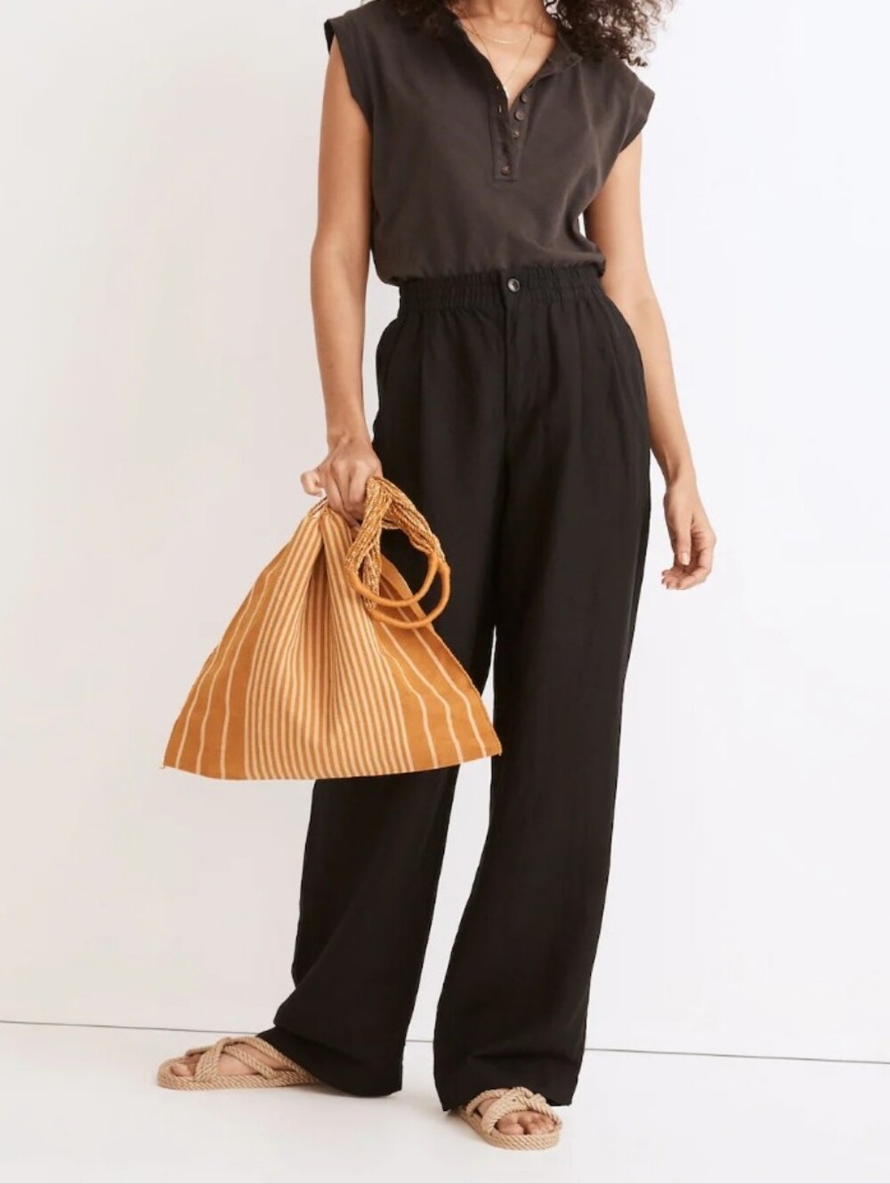 Madewell Linen Blend Pull On High Rise Straight Pants Trousers Black XXS